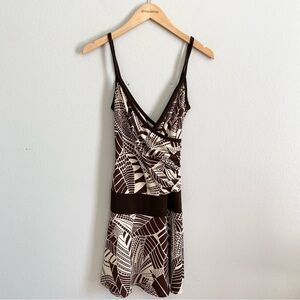 Y2k Brown and Cream Faux Wrap Skater Mini Dress Size Medium